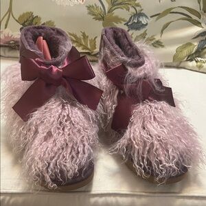 UGG Pink Furry Ankle Boots with Bow